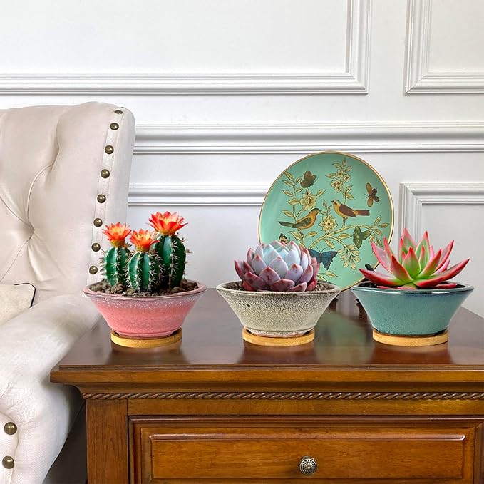 Summer Impressions 6 Inch Glazed Terracotta Succulent Pot Planter Small Plant Pot with Drainage Hole and Bamboo Saucer Cactus Ceramic Pot Set of 3 (Light Green Pink White)