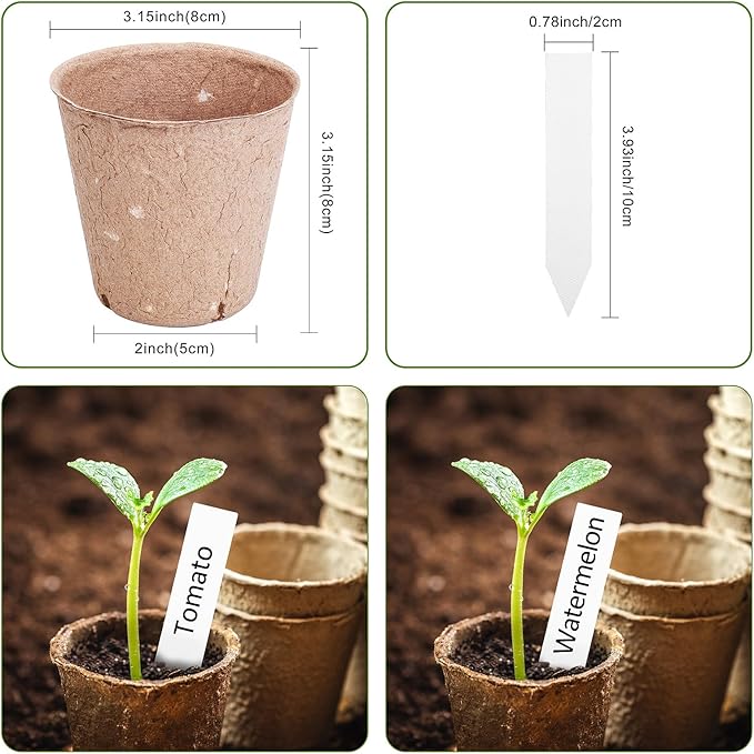 ARGCONNER Peat Pots, 60 Pack Plant Starter Round Nursery Pot with Drainage Holes, Garden Germination Seedling Pots with 30 Plant Labels (3.15 Inch)
