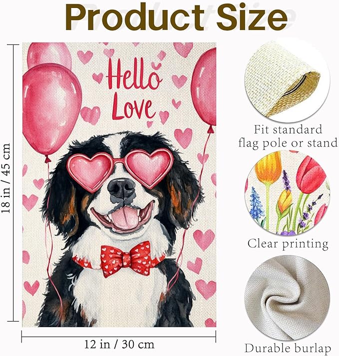 Valentine's Day Bernese Mountain Hello Love Garden Flag, House Yard Plaid Love Heart Outside Decoration, Spring Holiday Wedding Anniversary Outdoor Small Decor 12x18(12620)