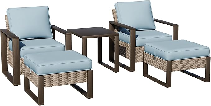 Joyside Outdoor Patio Chairs, 4 Pieces Wicker Rattan Furniture Set, 2 Patio Chairs, 2 Ottoman and 1 Table, Metal Wide Armrest, Thick Cushions and Deep Seating for Garden, Backyard, Porch, Deck