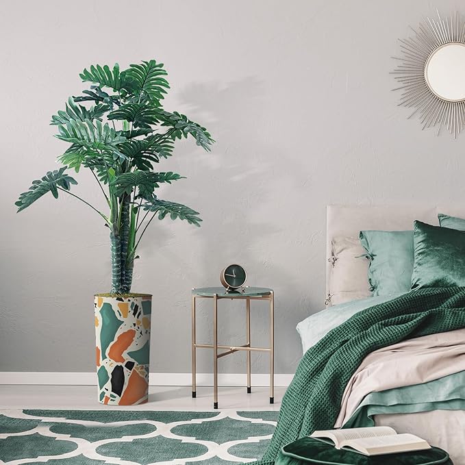 Artificial Tree in Modern Geometric Pattern Planter, Fake Philodendron Tree Silk Tree for Indoor and Outdoor Home Decoration - 70" Overall Tall (Plant Pot Plus Tree)