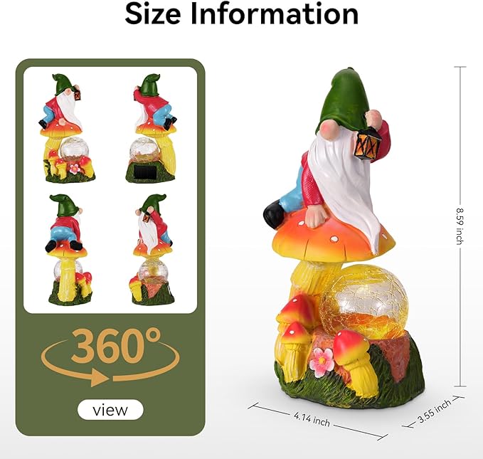 Garden Gnomes Outdoor Statues with Light, Spring Gnomes Decorations for Yard, Solar Garden Gnome with Mushroom Decor, Lawn Ornaments for Patio, Balcony Housewarming- Unique Women Gifts