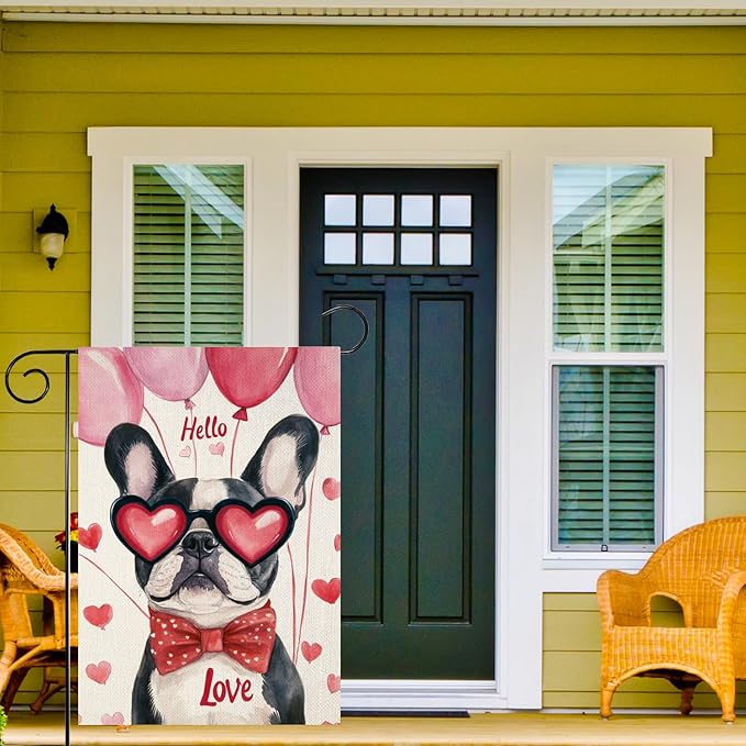 Valentine's Day Bulldog Hello Love Garden Flag, House Yard Plaid Love Heart Outside Decoration, Spring Holiday Wedding Anniversary Outdoor Small Decor 12x18(12637)