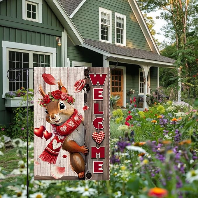 Valentine’s Day Garden Flag 12x18inch Double Sided The Squirrel Red Love Heart Rose Valentine’s Garden Flags For Home Outdoor Yard Patio Lawn Decor,Welcome Valentine Garden Outside Decorations Banner