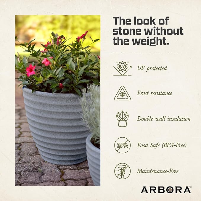 ARBORA 16" Ibiza Polyresin Indoor and Outdoor Planter with Stone Blend Concrete Gray Finish - Durable, Weatherproof, Lightweight, Large Plant Pot for Patio, Garden, Deck, Entryway