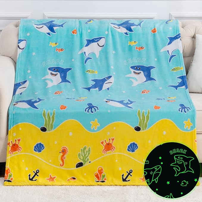 Shark Gifts for Boys Girls - Glow in The Dark Sharks Blanket Christmas Stocking Stuffers for Grandkids Teen Boys Kids 2-14 Years Old Children Toddler Birthday Presents Soft Throw 50"x60"
