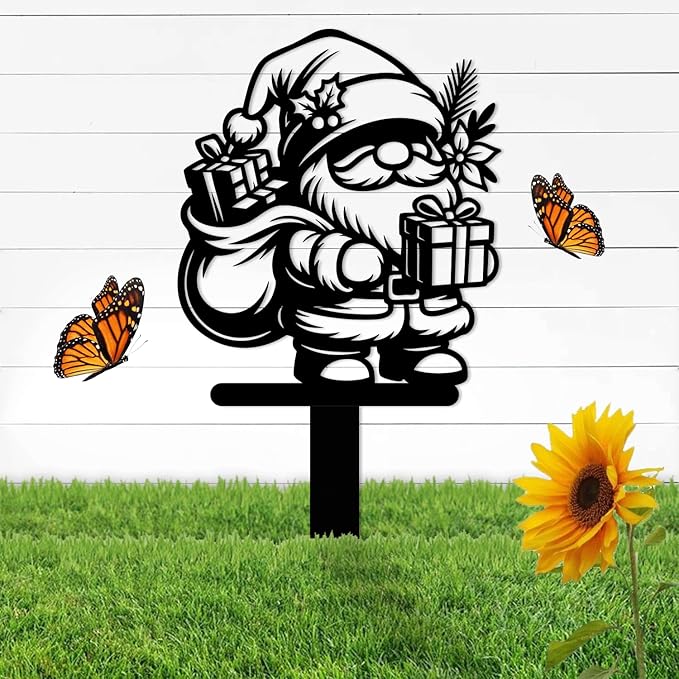 Magilab Personalized Iron Yard Stake - Christmas Cute Gnome Dwarves Decor, 8-Inch Black Metal Garden Sign for Outdoor (Style P)