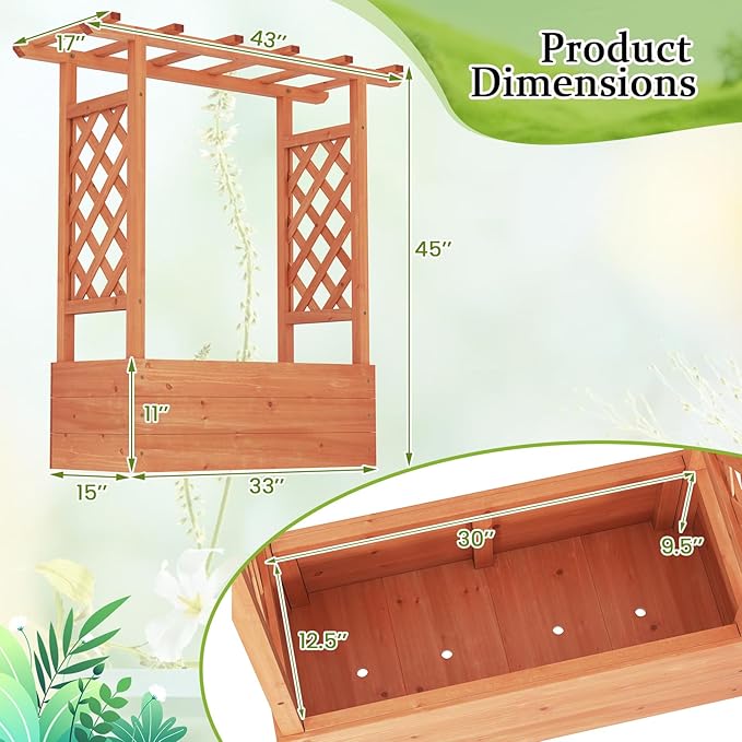 HAPPYGRILL Raised Garden Bed with Trellis, Freestanding Wood Planter Box w/Hanging Roof & 4 Drainage Holes for Vine, Climbing Plants, Flowers, Outdoor Planter with Trellis for Garden, Patio, Yard