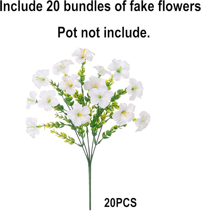 Artificial Flowers for Outdoors Fake Plants Outside Decoration, 20 Bundles White Silk Petunia with Eucalyptus UV Resistant Realistic Faux Flowers for Outdoor Planters Garden Balcony Yard Porch Patio