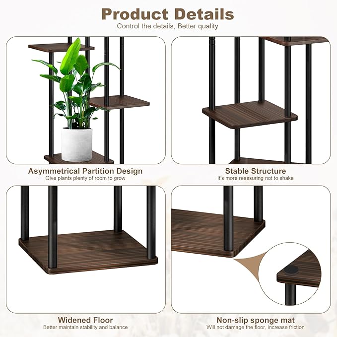 YOCOMEY 6 Tier Wood Tall Plant Stand Metal Rack Indoor, Multiple Flower Pot Holder Shelves Corner Rack, Planter Shelf Display Rack Storage Organizer for Patio Living Room Balcony Garden(Black Oak)