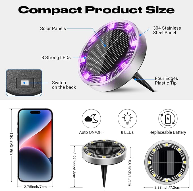 Peasur Solar Ground Lights Outdoor, 8 Pack Flat Solar Powered Disc Lights, IP68 Waterproof, Anti-Rust, Landscape Lighting for Pathway Garden Yard Lawn Walkway Landscape Driveway, Purple