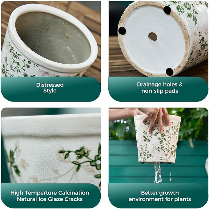 Teweiqi Ceramic Planter with Drainage Hole, Plastic Tray & Mesh, 6 Inch - Indoor/Outdoor Flower Pot for Orchids, Succulents, Green Floral Modern Farmhouse Décor for Home,Office and Garden, Ideal Gift