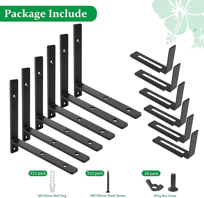 Adjustable Window Planter Box Brackets 6 Pack, Heavy Duty Wall Mount Flower Box Holder for Planter Box Depth (Front to Back) 6 to 12 Inches, Black
