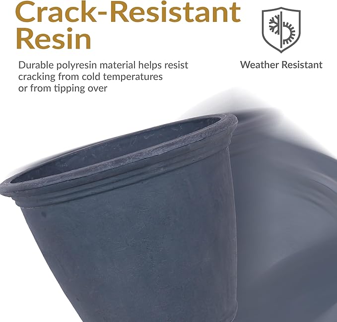 Sunnydaze 24-Inch Anjelica Large Plastic Pot for Plants - Double-Walled Outdoor Polyresin Round Planter Porch Pot with Drillable Drainage Holes - Slate - 2pk