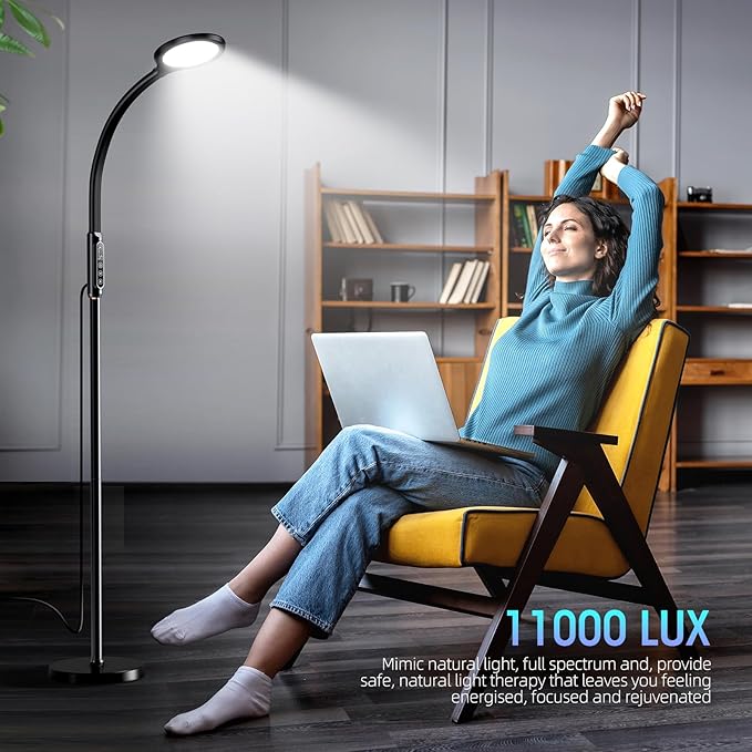 FBBJFF Happy Light Therapy lamp 11000 Lux, LED UV-Free Sunlight lamp,Full Spectrum Happy Therapy lamp with 10 Adjustable Brightness Levels, 2 in 1 Retractable Floor Sad Lamp (Black)