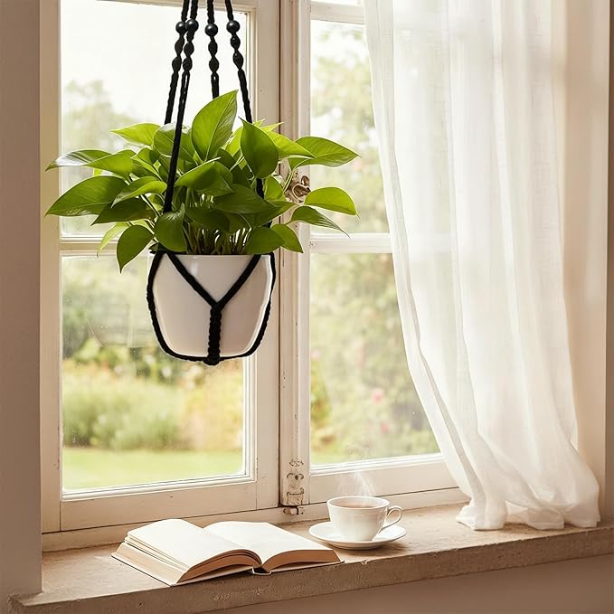 EJGIEGSO Macrame Plant Hanger, Up to 4-15 inch Pots, Wood Beads Cotton Hanging Planter Holder for Indoor Outdoor Boho Home Decor, 35 Inch, Set of 2 (Black)