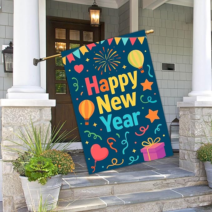 Happy New Year House Flag 28x40 Inch Double Sided Garden Flag Hot Air Balloon Gift Box and Confetti Design Winter Holiday Yard Banner Large Outdoor Flag for Porch Lawn Home Decoration