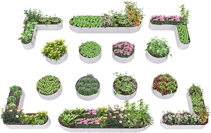 A ANLEOLIFE 14-Piece 18 Inch Tall Raised Garden Beds Kit, Heart-Shaped, Large Oval & Round Metal Planters – Ideal for Backyard Vegetables Flowers Herbs, Antique White