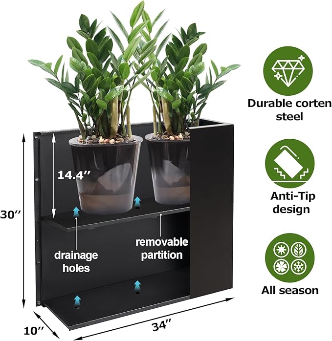 CYC Metal Large Rectangular Planter Box Outdoor 30" H x 34" W x 10" D,Tall Flower Pot with Quick Installation,Long Black Planters for Outdoor Plants with Drainage Holes for Plants,Patio,Garden