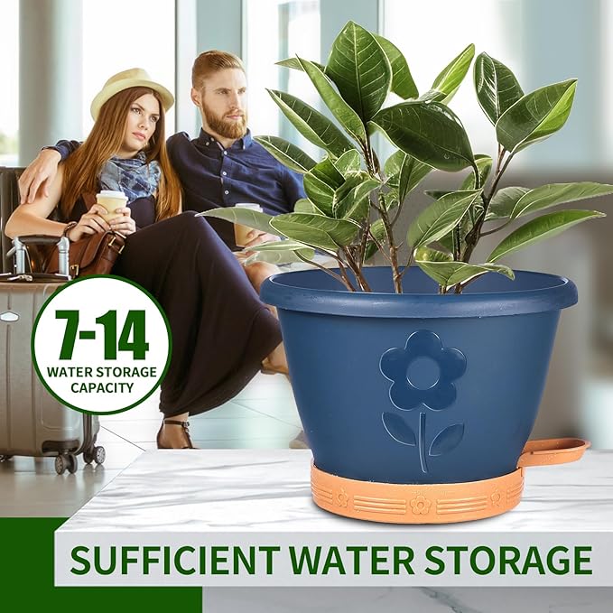 XMPBFYH Plant Pots, Flower Pots for Indoor/Outdoor Plants, Self Watering Plastic Planters Pots with Drainage Holes, Saucer & Reservoir, Decorative Nursery Planting Pots(10 Inch Set of 4)