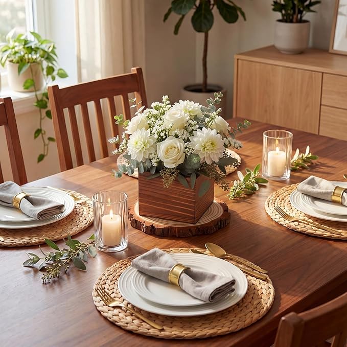 Leinuosen 16 Pcs Wedding Centerpieces Decor Set 8 x 4-inch Rustic Wood Cube Planter Box with 8 x Natural Wood Slices Tabletop Floral Arrangements for Baby Shower Home Garden Decorations