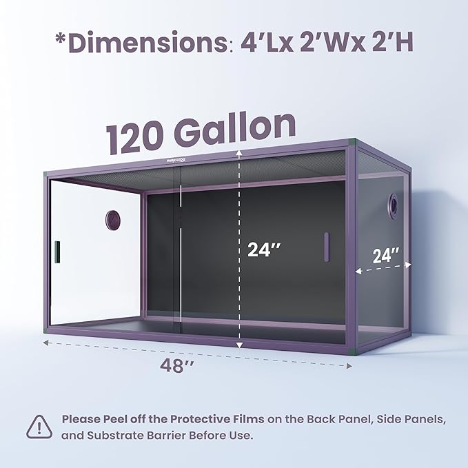 Phailozoo 120 Gallon Bearded Dragon Tank,48" x 24" x 24" Reptile Tank with Sliding Door Top Screen Ventilation, Front Opening Reptile Enclosure for Easy Maintenance