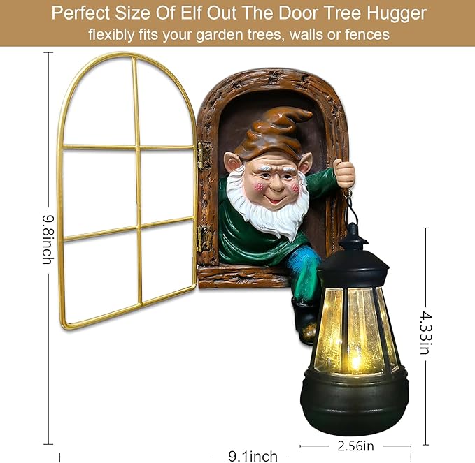 Fairy Garden Statues Gnomes Solar Lantern - Halloween Elf Out The Door Tree Hugger Figurines Fence Wall Yard Art Home Decor Outdoor Tree Face Sculpture, Ideal Thanksgiving Decorations