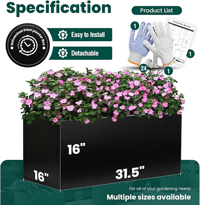 GZGNEEVL Galvanized Steel Metal Rectangular Planter Black Indoor Planter Box Steel Large Outdoor Planters 31.5" L x 16" W x 16" H Commercial Residential for Patio, Yard, Garden