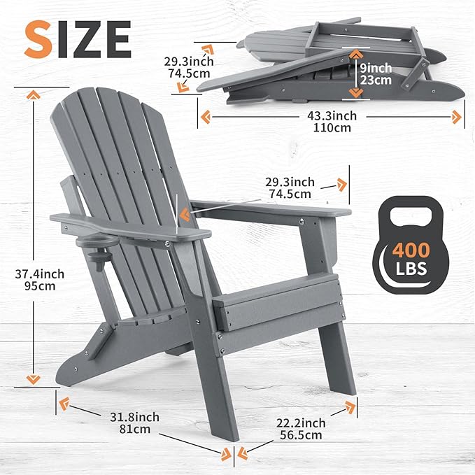 FUNBERRY Folding Adirondack Chair Set of 3, All Weather HDPE Fire Pit Chairs with Cup Holder for Outdoor