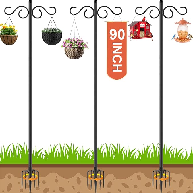 NUERPO Adjustable Shepherd Hooks for Outdoor,3 Pack 90 Inch 5 Prong Base Bird Two Sided Feeder Poles,Heavy Duty Shepherds Hook,Suitable for Garden in Hanging Flower Basket,Lantern,Bird Nests