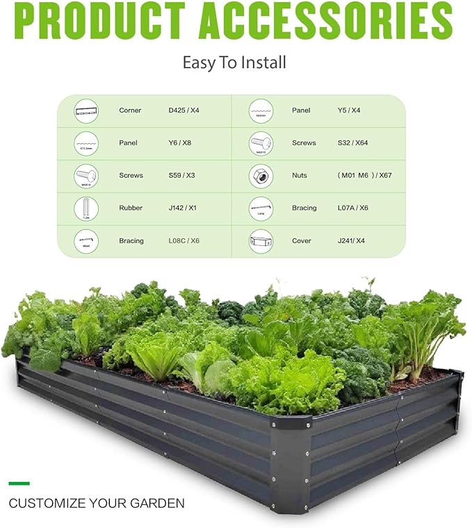 GrowHaus 8x4x1FT Galvanized Raised Garden Bed, Planter Boxes Outdoor Large Metal Garden Beds for Planting Vegetables Flowers Herbs Rectangle Dark Gray