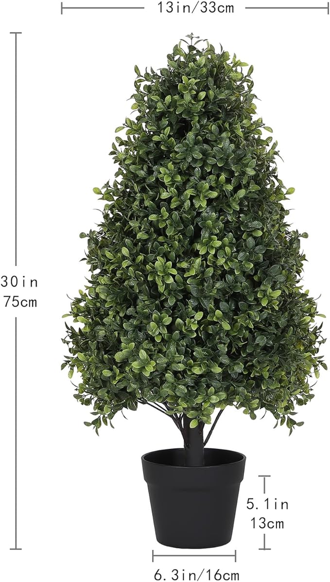 Azoco 30" Boxwood Topiary Trees Artificial Outdoor Set of 2, UV Resistant Faux Plants for Front Porch Planters, Realistic Cone-Shaped Fake Bushes & Shrubs, 2.5ft Evergreen Decoration