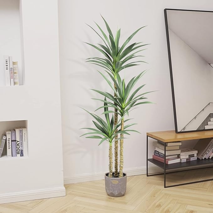 Waoops Artificial Tree 5.3Ft Faux Agave Plant with 3 Heads in Plastic Pot Fake Tree for Home Decor Indoor or Outdoor Office Decoration Housewarming Gift