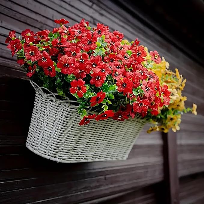 12 Bundles Artificial Flowers for Outdoors UV Resistant, Realistic Fake Silk Flowers Outside Fade-Proof Faux Plants for Outdoor Planters Window Box Front Porch-Red