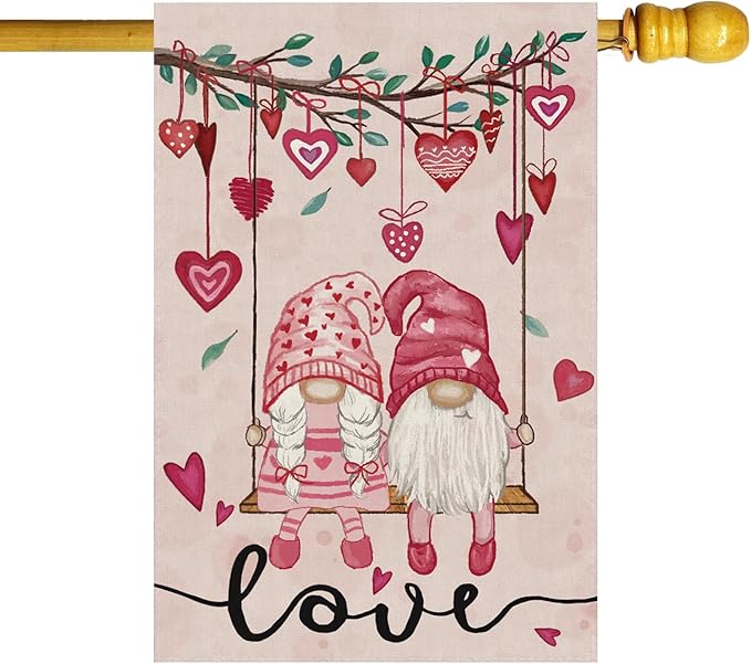 Valentine’s Day Romantic Swing Gnome Love Hearts House Flag Big Large Burlap 28X40 Inch Vertical Double Sided Outside Yard Holiday Outdoor Farmhouse Decoration