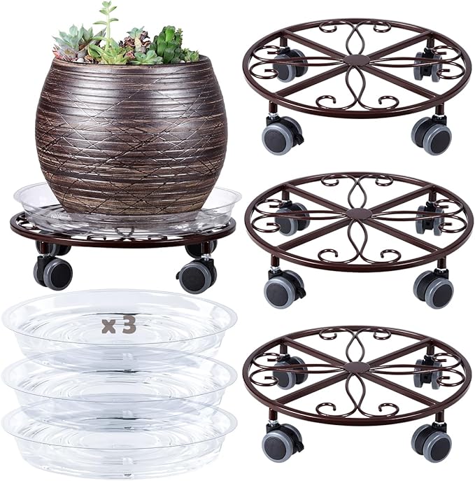 3 Pack Plant Caddy with Wheels Heavy Duty 13.5 Inches Metal Plant Stand with Wheels Plant Dolly Rolling Plant Stand Plant Roller with Casters for Indoor and Outdoor, Bronze