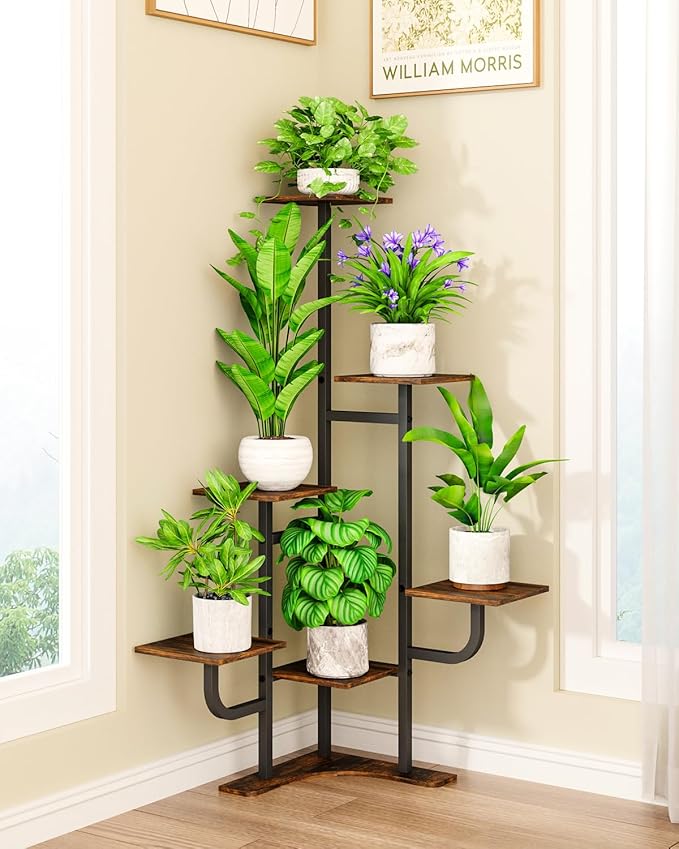 Homsorout Corner Plant Stand Indoor - 6 Tiered Indoor Plant Stand Square Metal Plant Shelf, Plant Organizer for Living Room, Graden, Balcony, Home Decor (Brown)