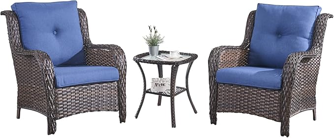HUMMUH 3 Pieces Patio Bistro Set Wicker Patio Chairs Set of 2 with Tempered Glass Top Side Table Rattan Outdoor Furniture Conversation Set for Yard,Garden,Porch