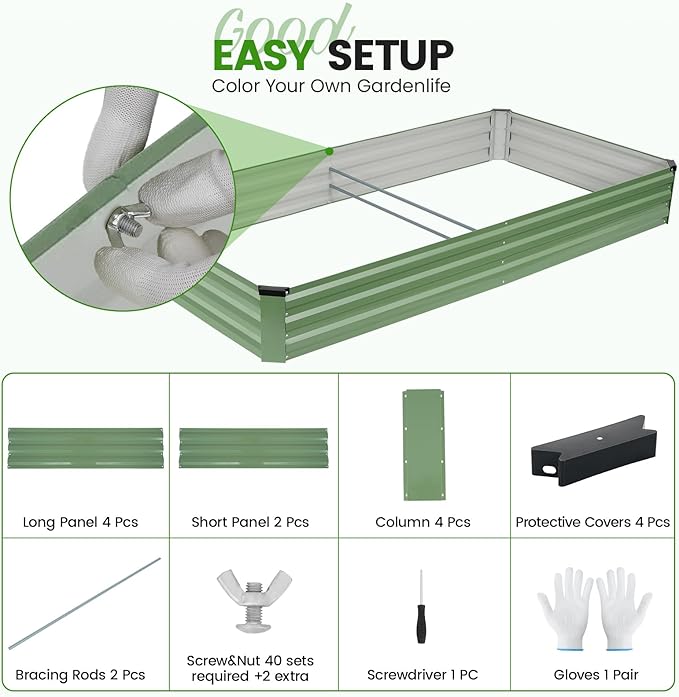 G GOOD GAIN 8x4x1ft Galvanized Raised Garden Bed, Heavy-Duty Metal Planter Boxes Outdoor for Vegetables Flowers Herbs, Olive Green(2 Pack)