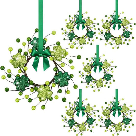 6 PCS Mini St. Patrick's Day Glitter Shamrocks Kitchen Cabinet Wreaths Small St. Patrick's Day Wreath for Front Door with Ribbon Spring Lucky Green Irish Clover Berry Wreath for Porch Wall Window