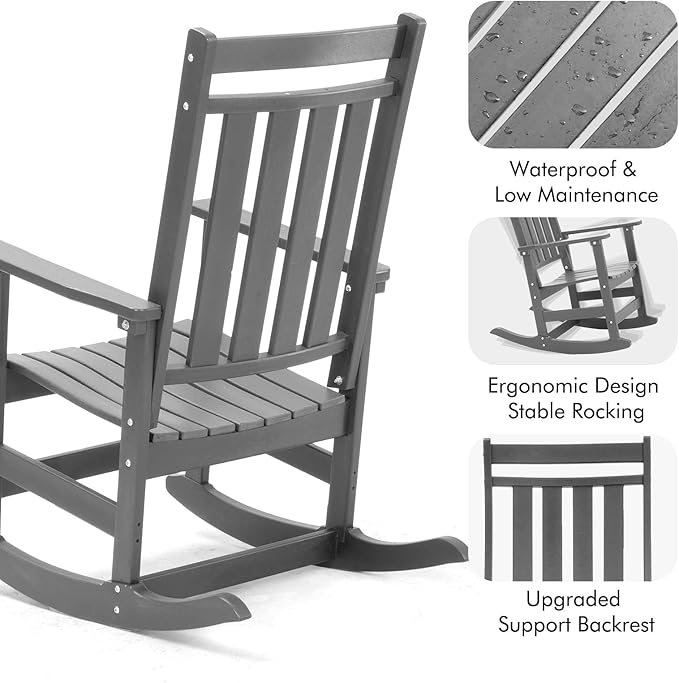 Oversized Outdoor Rocking Chairs Set of 2,All Weather Rocker Chair with More Comfortable Seat Panel for Porch Patio Outside(Grey)