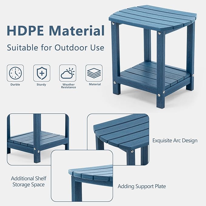 Folding Adirondack Chair Set with Side Table - HDPE Outdoor Patio Chairs, Weatherproof Chair with Reclining Back, Cup & Phone Holder, and 2-Tier Storage End Table for Firepit or Garden (Blue)