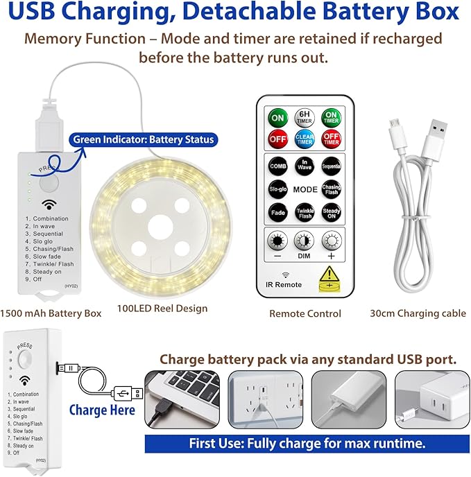 HXWEIYE Rechargeable Fairy Lights with Remote & DIY Timer, 33ft 100LED Battery Operated Twinkle String Lights, 8 Modes Decor Light for Bedroom Indoor Wedding Dorm Christmas Tree Party (Blue)