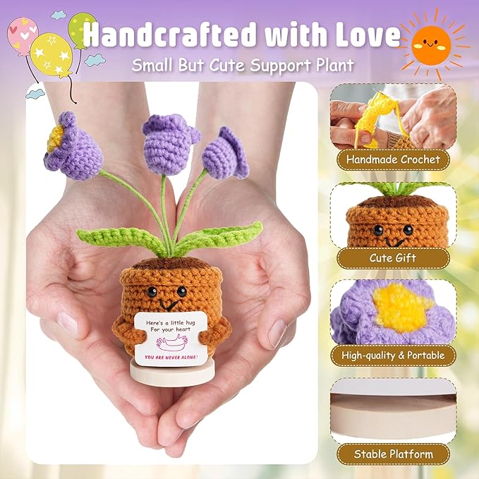 penzoos Emotional Support Plant, Handmade Crochet Potted Flower with Inspirational Message Card,Lavender Chime Knitted Flower, Stress Relief Gift for Friends, Family, and Coworkers