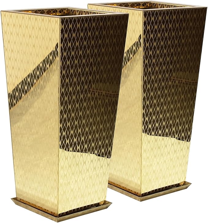 CYC Luxury Stainless Steel Golden Taper Tall Planter Box Set of 2 with Mirror Etching No Coating 24”H Top 11” Bottom 8”,Decrative Pot Indoor, Modern Décor for Home,Office,Tall Plants,Trees,Flowers