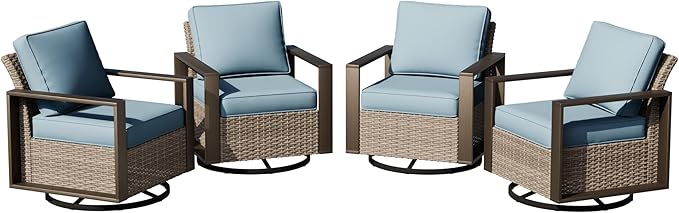 Joyside Outdoor Patio Swivel Rocker Chairs Set, 4 Pieces Wicker Rattan Chairs with Metal Wide Armrest, Thick Cushions and Deep Seating for Garden, Backyard, Porch, Deck