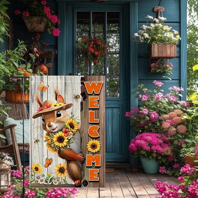 Welcome Spring Summer Garden Flag 12x18 inch Vertical Double-Side Small Burlap sunflower Squirrel Garden Flags Yard Porch Outdoor Patio Lawn Decor Flags Decorations