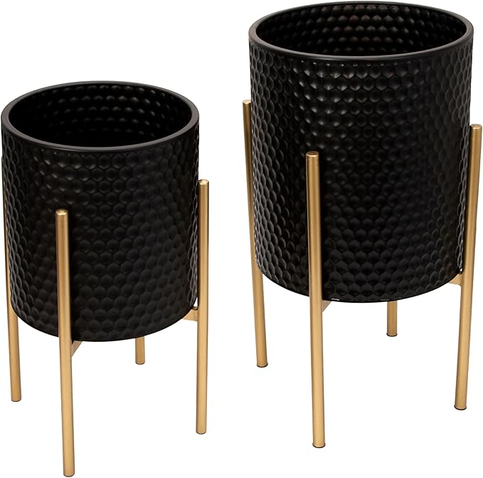 Decorative Flower Pots with Metal Stand for Home Decor - Modern Planters for Hallway, Entryway, and Living Room Decor - Indoor and Outdoor Pots for Plants - Set of 2, 23", 19", Black & Gold