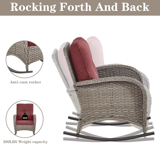 Belord 5 Piece Patio Rocking Chairs Furniture Set - Outdoor Wicker Furniture with Ottomans and Side Table, Rattan Conversation Bistro Set for Porch Balcony Backyard