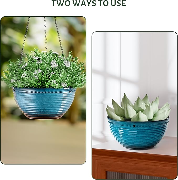 LESOASIS 10in Hanging Planters for Indoor and Outdoor Plants, 2 Pack Hanging Planter with Drainage Hole, Round Hanging Flower Pots for Garden Home Decor (Blue)